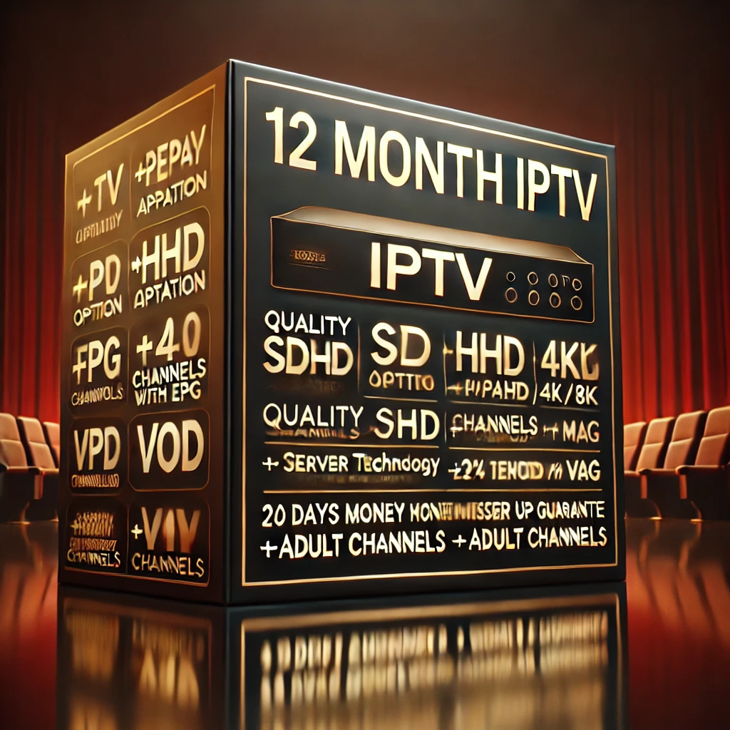 12 month IPTV subscription with activation of any type of application for streaming, compatible with Android TV, Smart TV, Fire Stick, and IPTV Smarters, offering unlimited channels, VOD, live sports, and international content in HD.