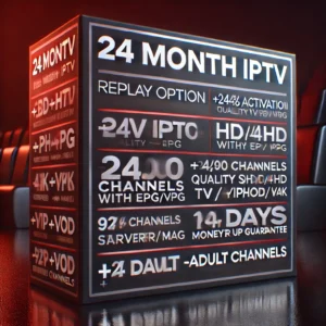 24 month IPTV subscription with activation of any type of application for streaming, compatible with Android TV, Fire Stick, Smart TV, IPTV Smarters, offering HD streaming, unlimited channels, VOD, and live sports.