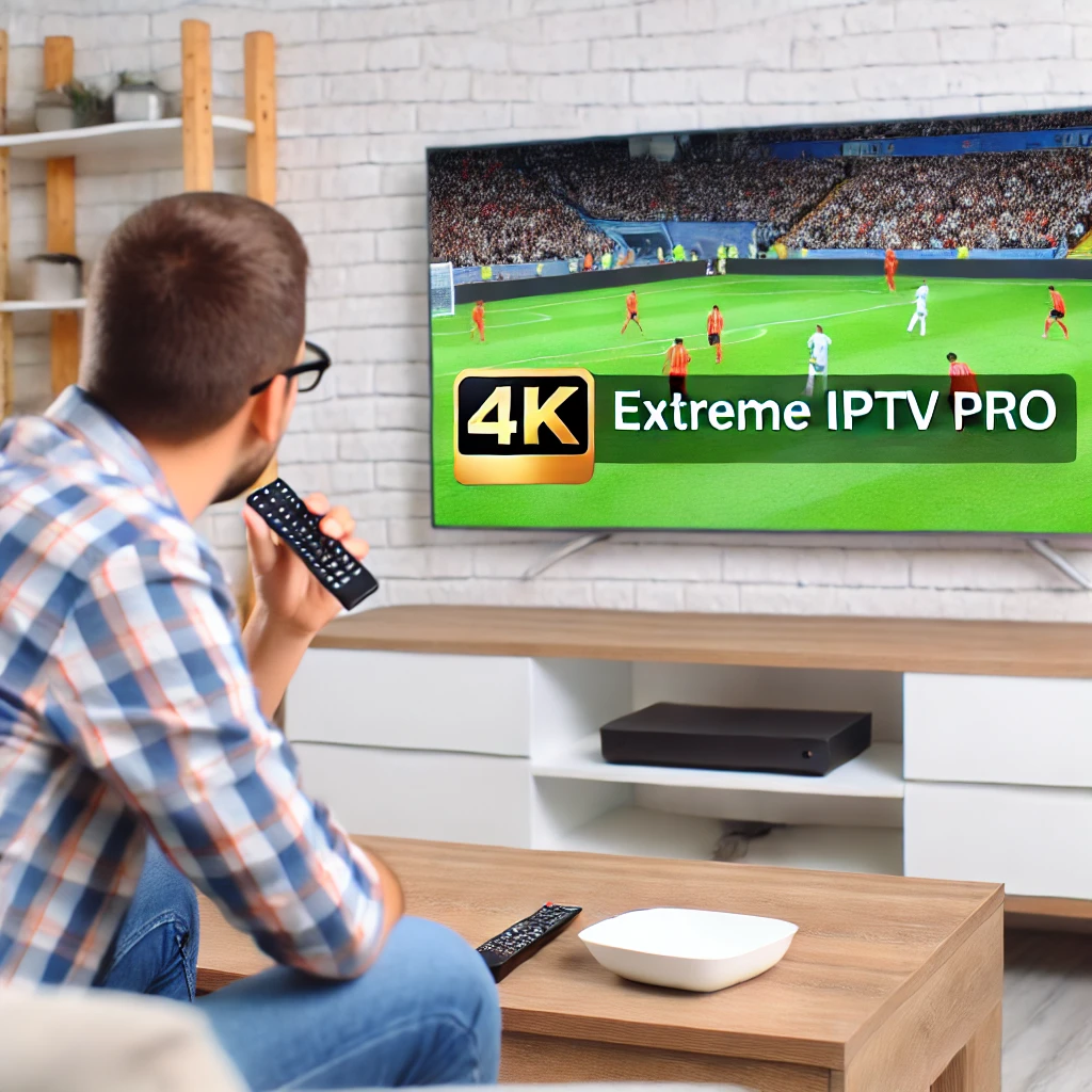 best IPTV streaming services. Person enjoying high-quality IPTV streaming of a 4K sports event, demonstrating the premium viewing experience available with Extreme IPTV Pro.