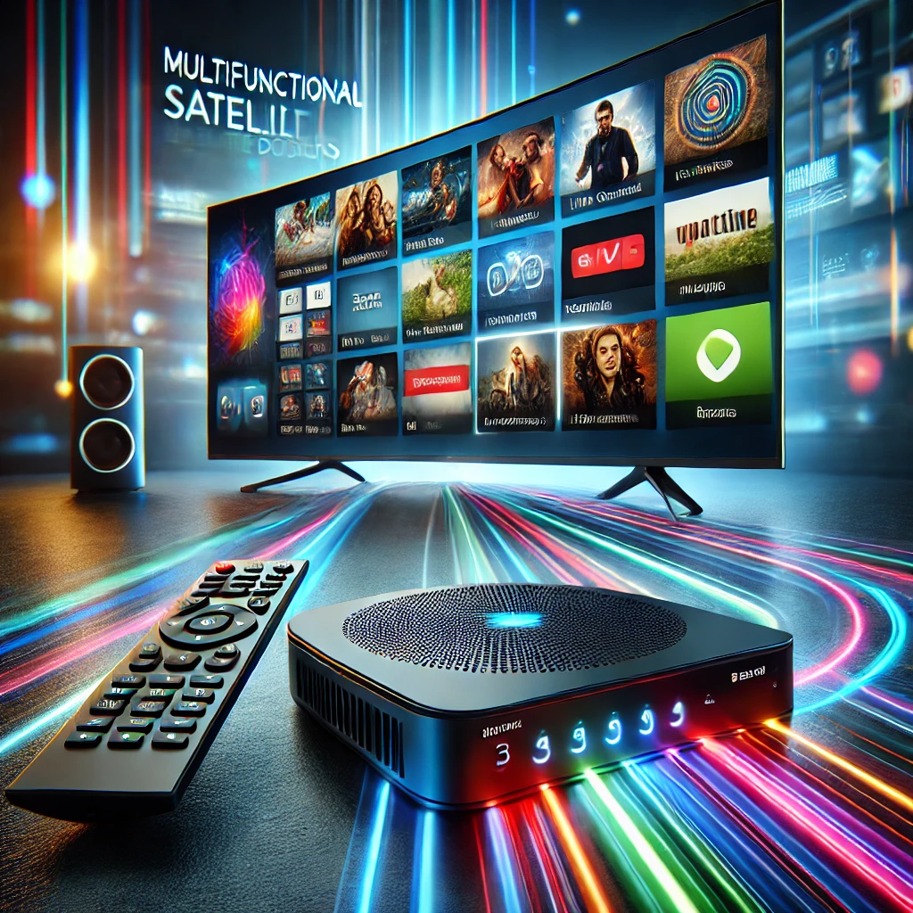 Multifunctional Satellite Decoders IPTV displayed with a sleek remote and high-definition TV, showcasing a vibrant interface for streaming services and entertainment options.