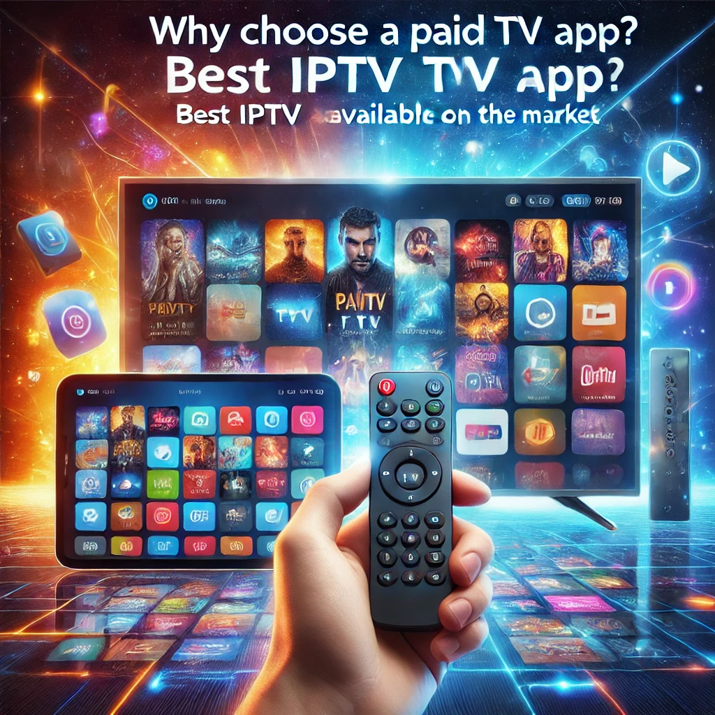 Why Choose a Paid IPTV Application? Hand holding remote zapping through IPTV apps displayed on TV screen in Play Store.